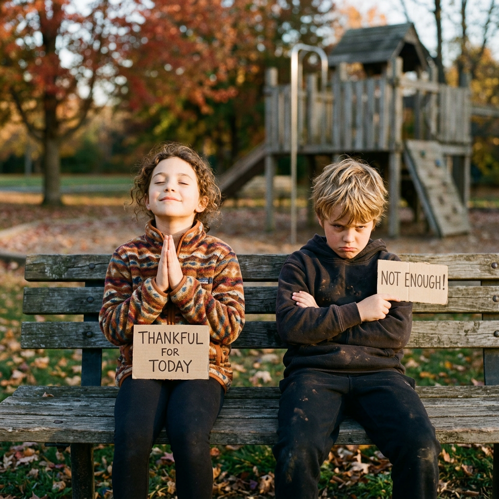 Two children sitting on a bench, one holding a sign saying thankful for today with a peaceful expression, the other holding a sign saying not enough with a frustrated expression