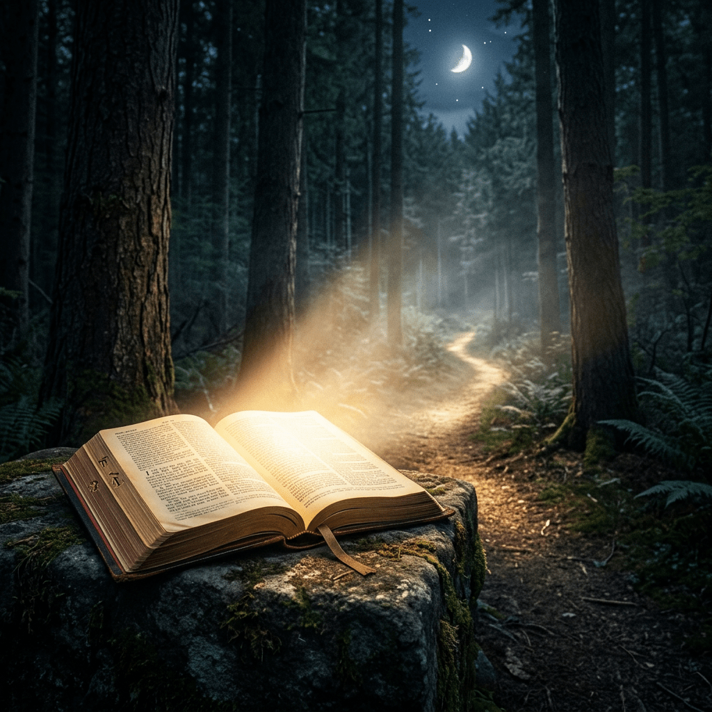 Open book glowing on mossy rock in dark forest under crescent moon