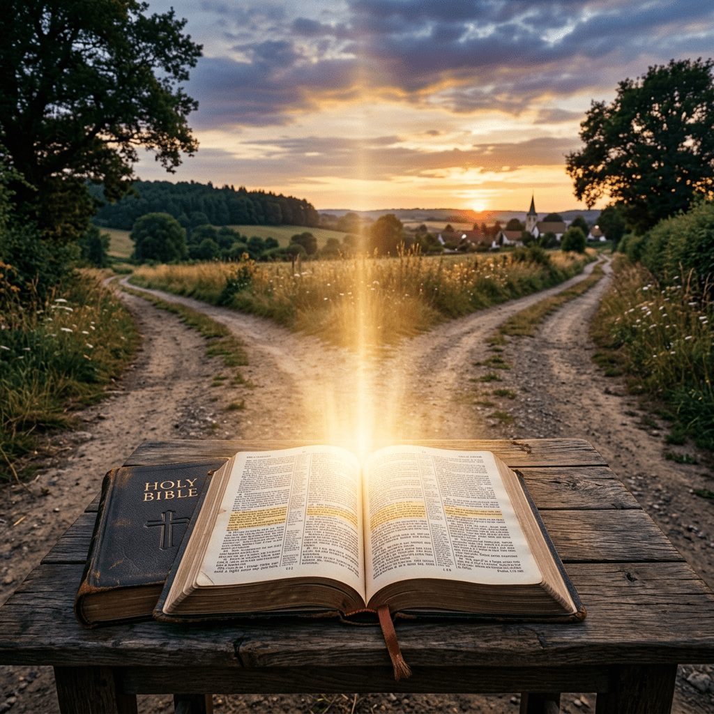 Open Holy Bible glowing on a wooden table with two diverging paths and a sunset village in the background