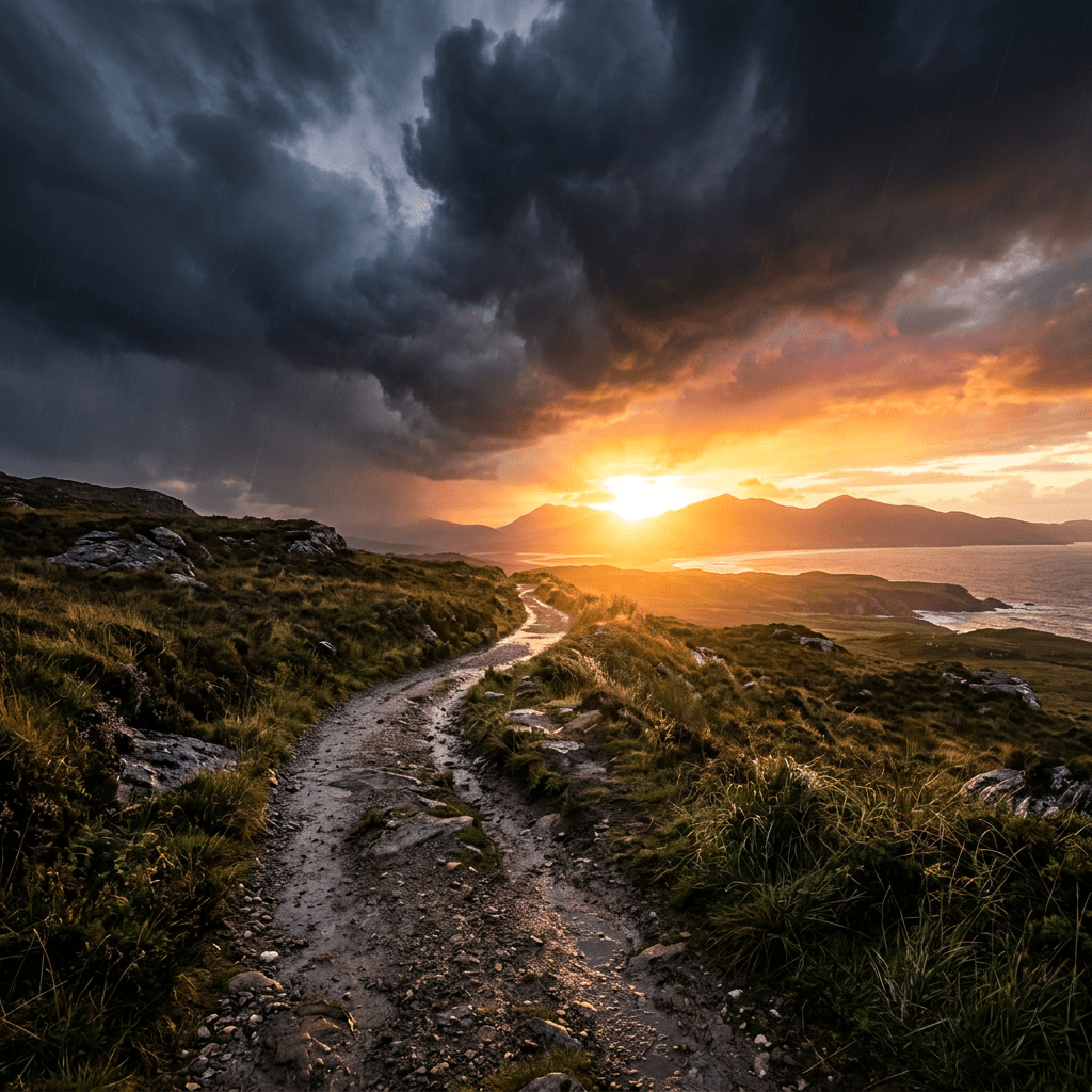 Winding dirt path through grassy hills under dark storm clouds at sunset
