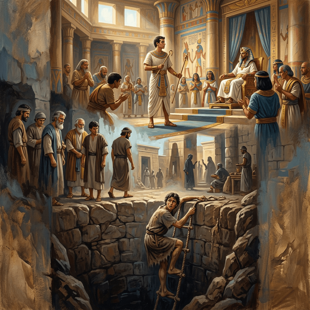 Young man before Egyptian pharaoh in throne room, man climbing out of pit below