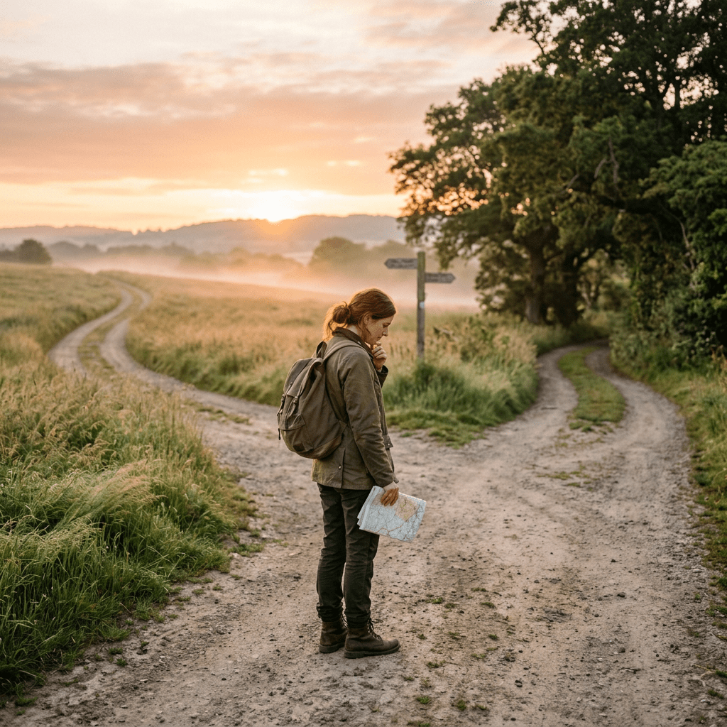 Person with backpack holding map standing at forked dirt paths in rural sunrise landscape