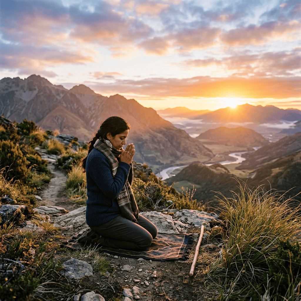 Woman kneeling with hands together meditating on mountain during sunrise