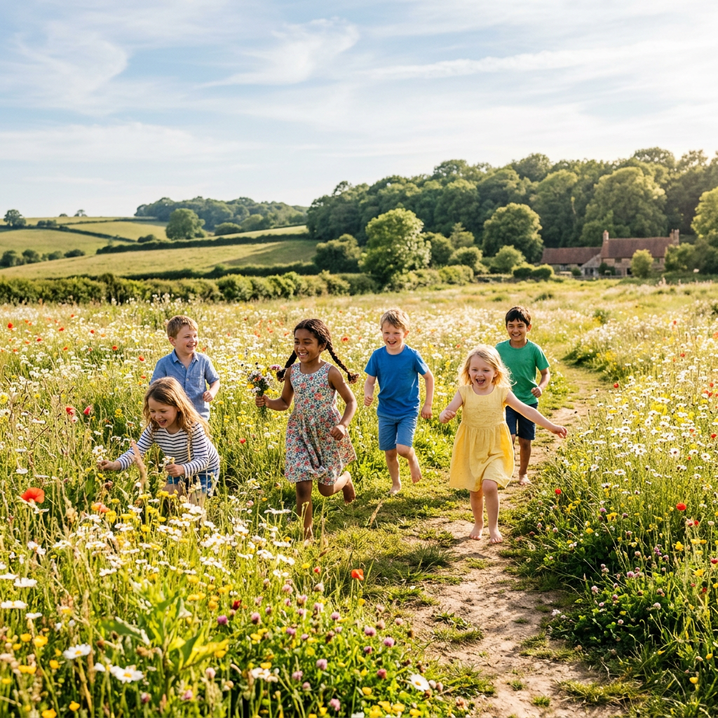 Six children running and picking wildflowers in a meadow on a sunny day