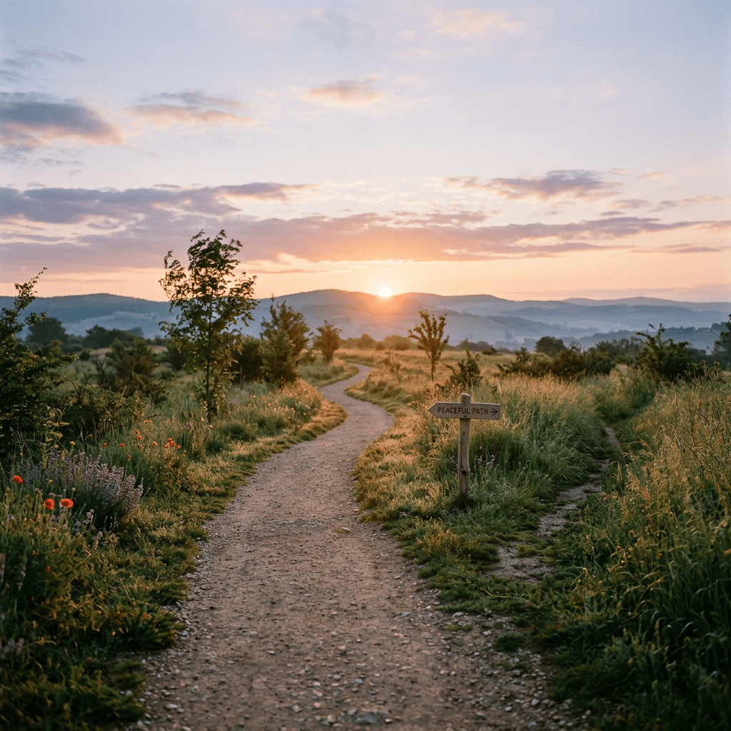 A dirt path winding through green grass and wildflowers with a sunset on the horizon