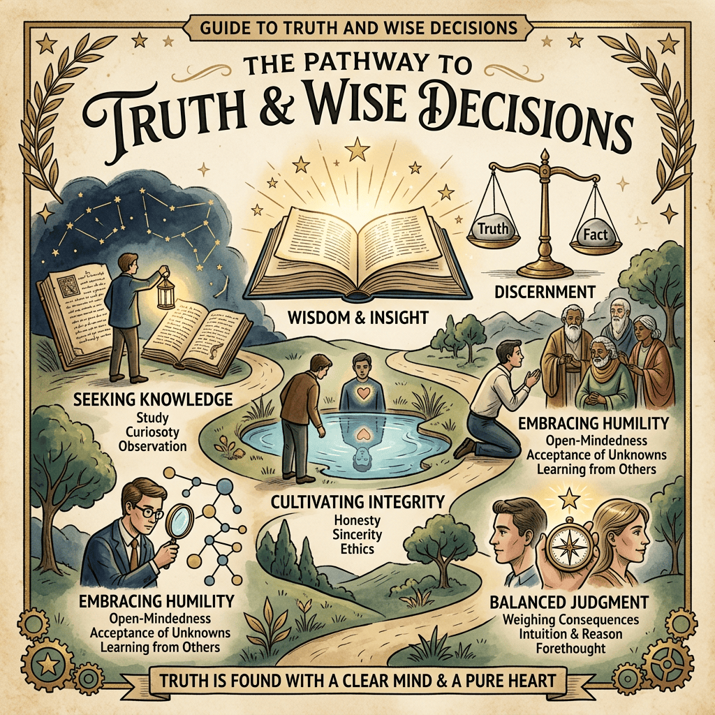 Illustrated guide outlining steps to truth and wise decisions including seeking knowledge, embracing humility, cultivating integrity, discernment, wisdom and insight, and balanced judgment