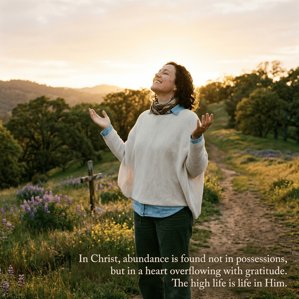 Woman standing in a field at sunset with arms raised and eyes closed in gratitude
