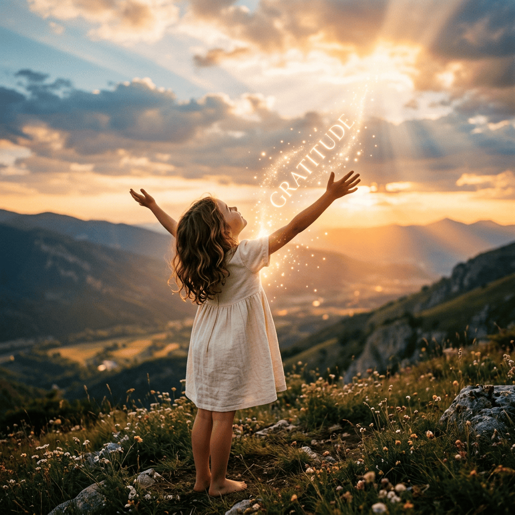 Child in white dress standing barefoot on a flower-filled mountain with arms raised toward glowing word 'GRATITUDE' in sunset light