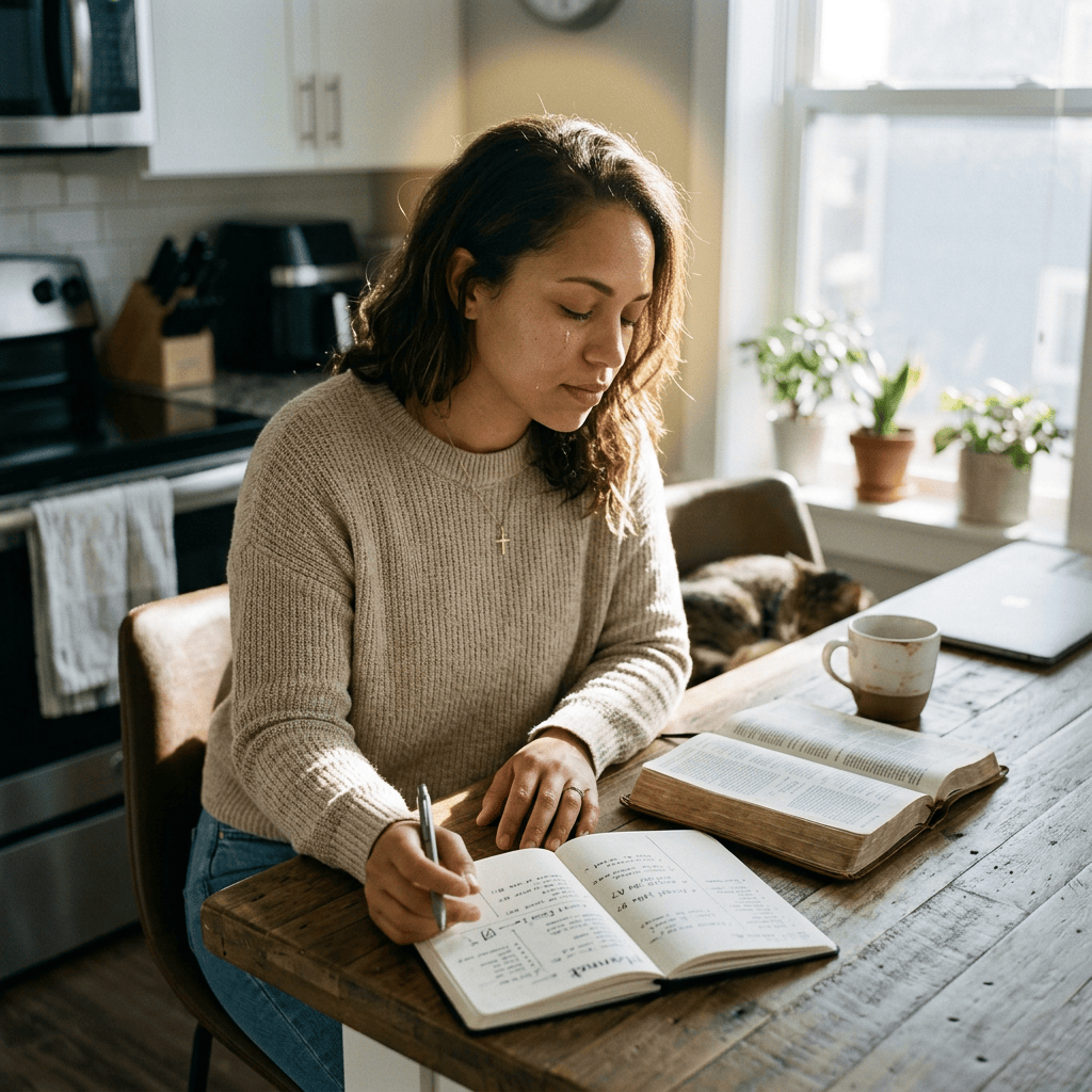 Woman writing in a Bible beside an open book and coffee