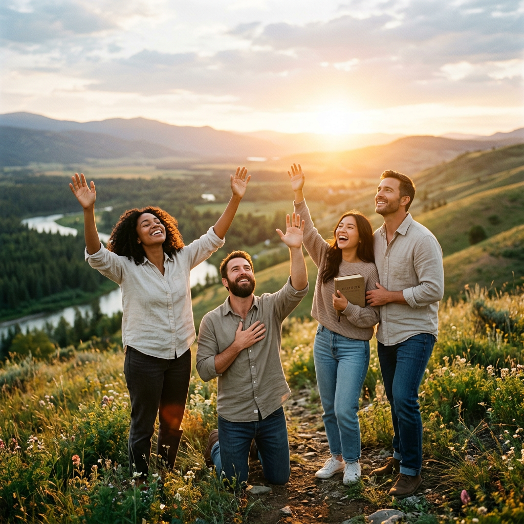 Four friends celebrating on a mountain trail at sunset
