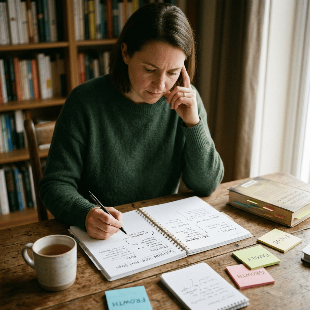 Person writing notes in a notebook at a wooden desk