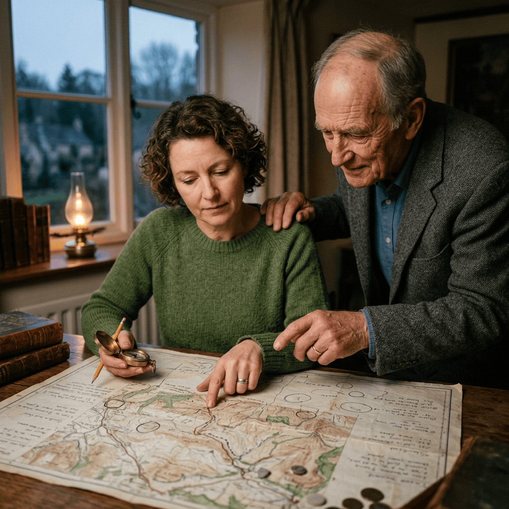 Two people studying a map at a table beside a lit lamp