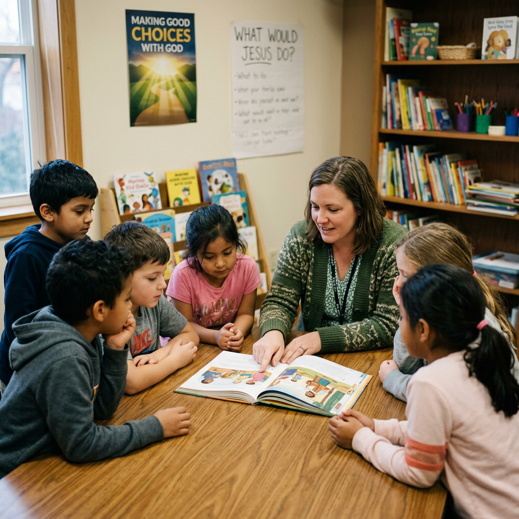 Teacher reading a picture book with six children in a classroom
