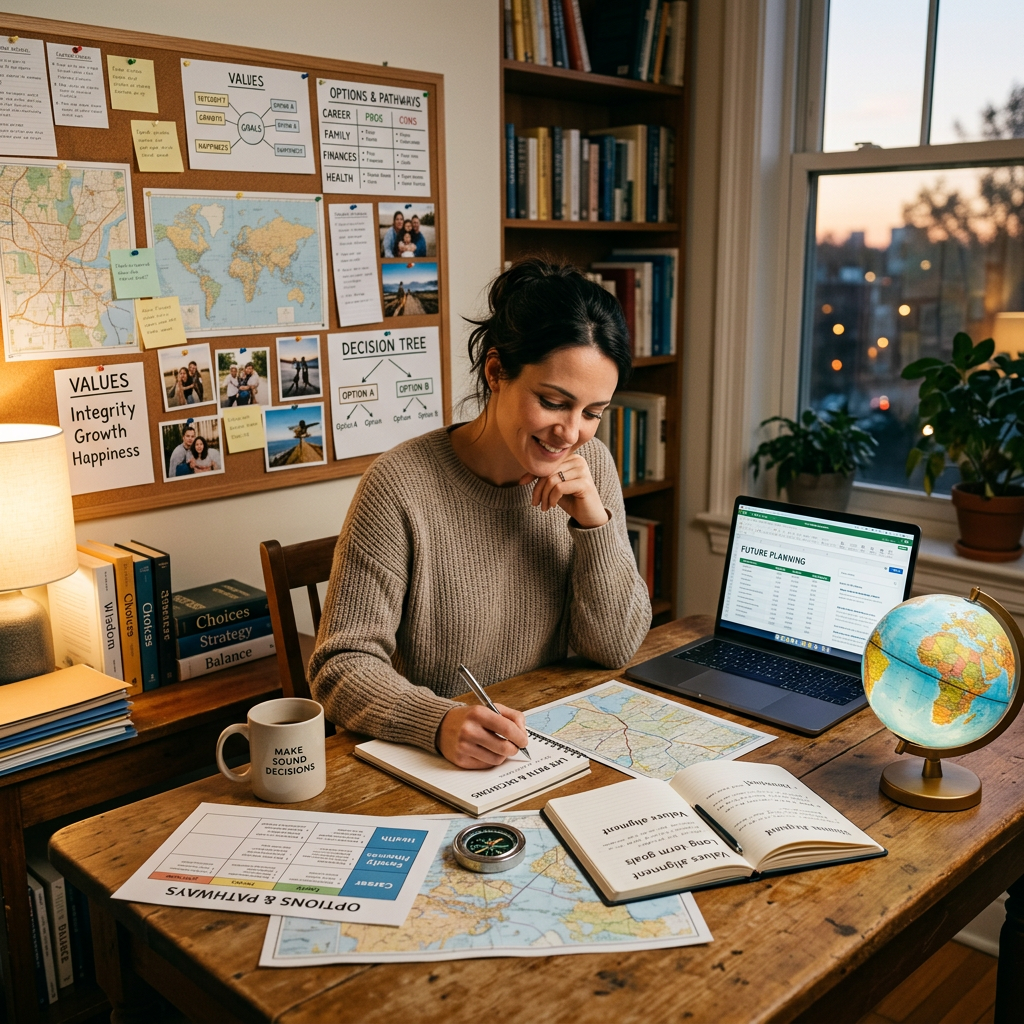 Woman planning at desk with maps, laptop, notes, and globe