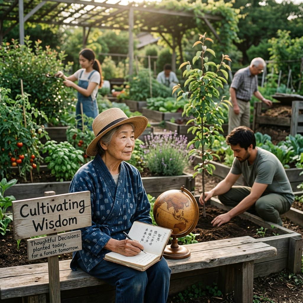 Older woman writing beside sign reading “Cultivating Wisdom” and gardeners planting vegetables