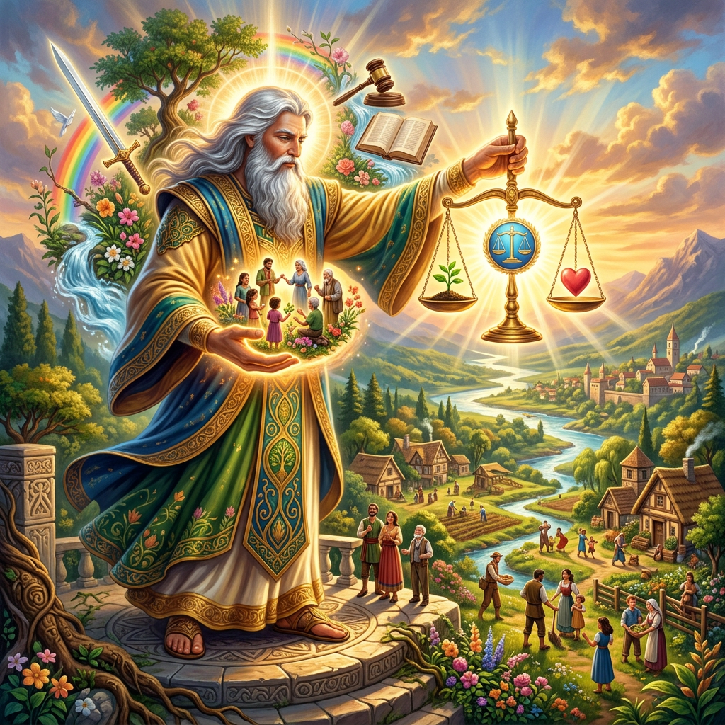 Radiant bearded sage holding scales of justice above a village landscape