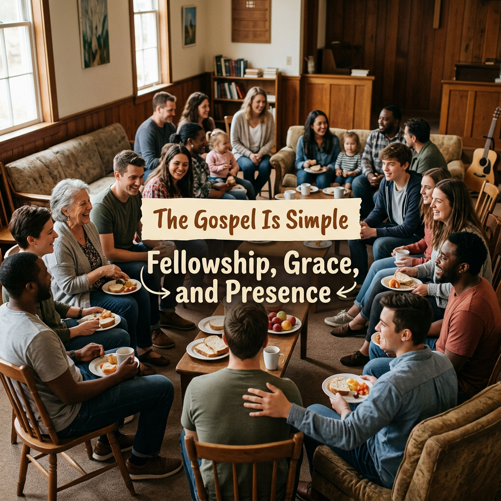 Church community sharing food beneath text: The Gospel Is Simple; Fellowship, Grace, and Presence