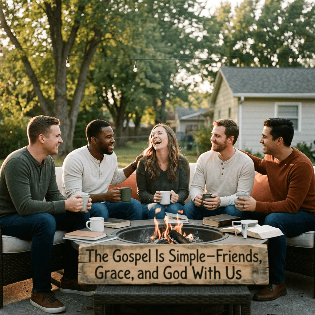 Five friends gathered around a fire with mugs; sign reads “The Gospel Is Simple—Friends, Grace, and God With Us.”