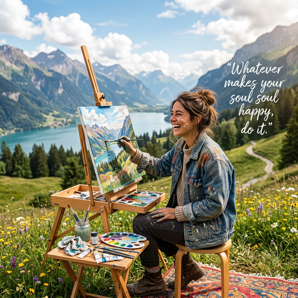 Artist painting outdoors; text reads “Whatever makes your soul soul happy, do it.”