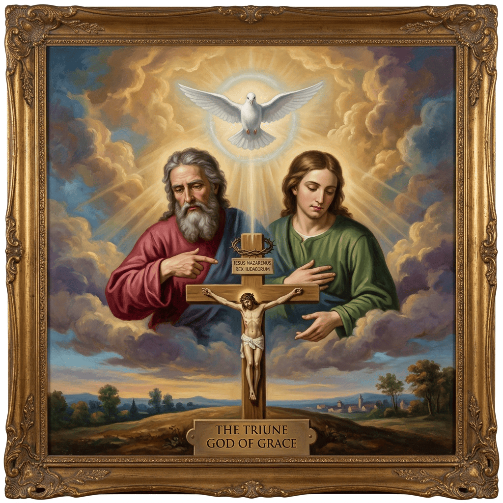 Religious painting showing God, Jesus on the cross, and a dove; text reads “Jesus Nazarenos Rex Iudaeorum” and “The Triune God of Grace.”