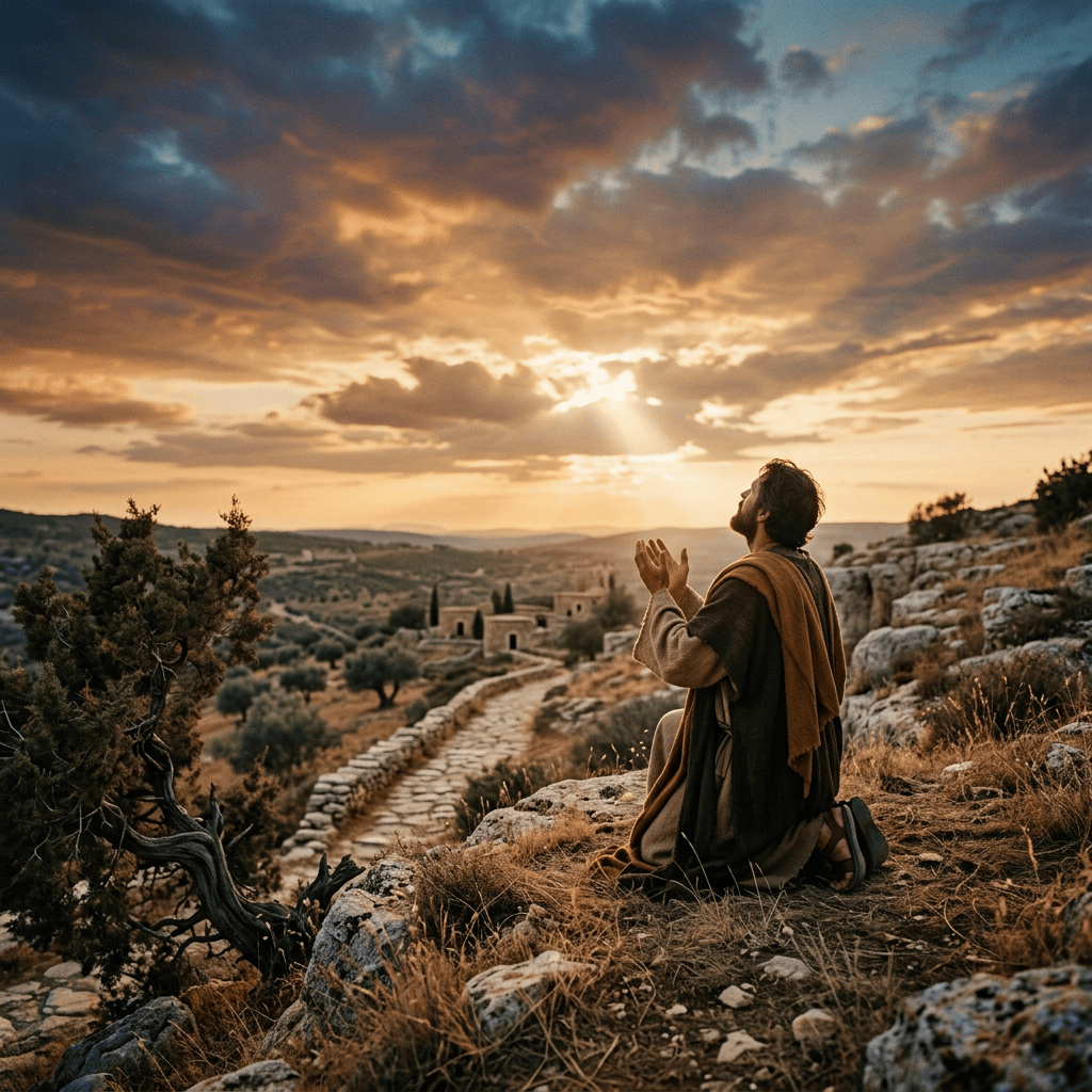 Robed person kneeling in prayer above a stone path at sunset