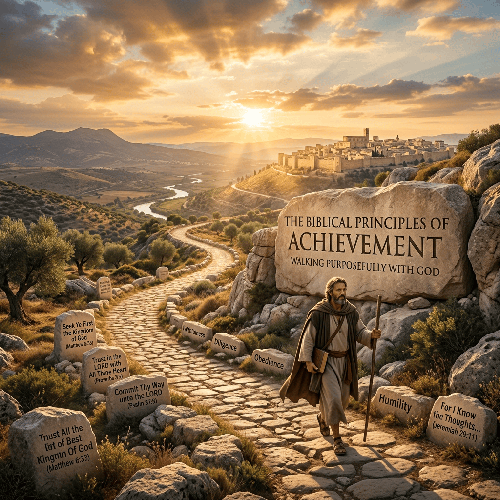 Illustrated biblical path with text: “The Biblical Principles of Achievement,” “Walking Purposefully with God,” and stones labeled faithfulness, diligence, obedience, humility, trust, and scripture references.